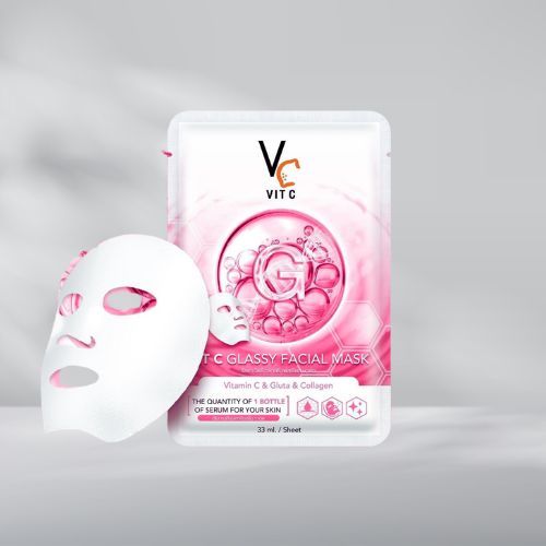 (ขายยก 1 กล่อง) Vit C Glassy Facial Mask มาส์กวิตซีเกาหลี สูตร กลูต้า คอลลาเจน(สีชมพู)  1 กล่อง มี 6