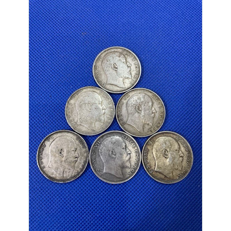 เหรียญเงินแท้ONE RUPEE INDIA EDWARD VII KING &amp; EMPERER ปีค.ศ.1904/1906/1907มี6เหรียญ รับประกันแท้น่าสะสม