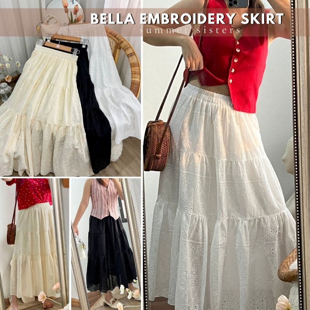 Bella embroidery skirt - กระโปรงเจ้าหญิงบานๆ ต่อระบาย 3 ชั้น ผ้าฝ้ายงานดี ปักฉลุลูกไม้สวยมากก ดีเทลจัดเต็ม มีซับในด้วย