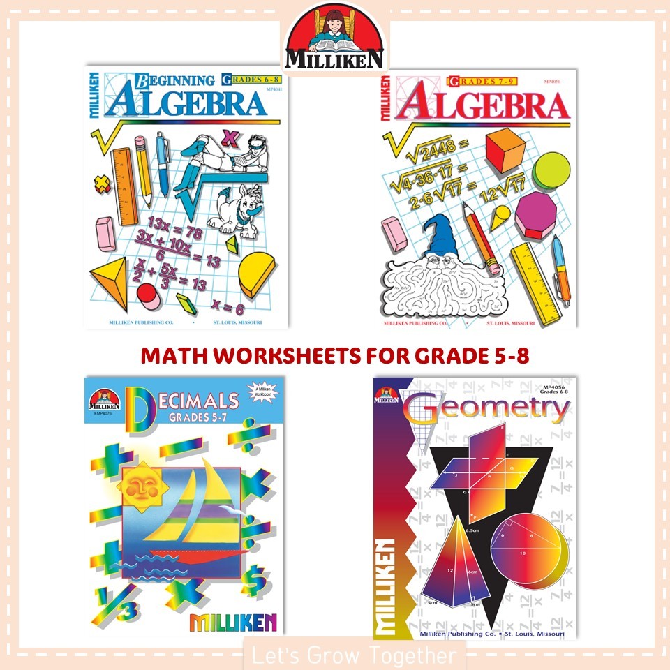 Math Worksheet Algebra, Decimals and Geometry Grade 5-8 with Answer KEys