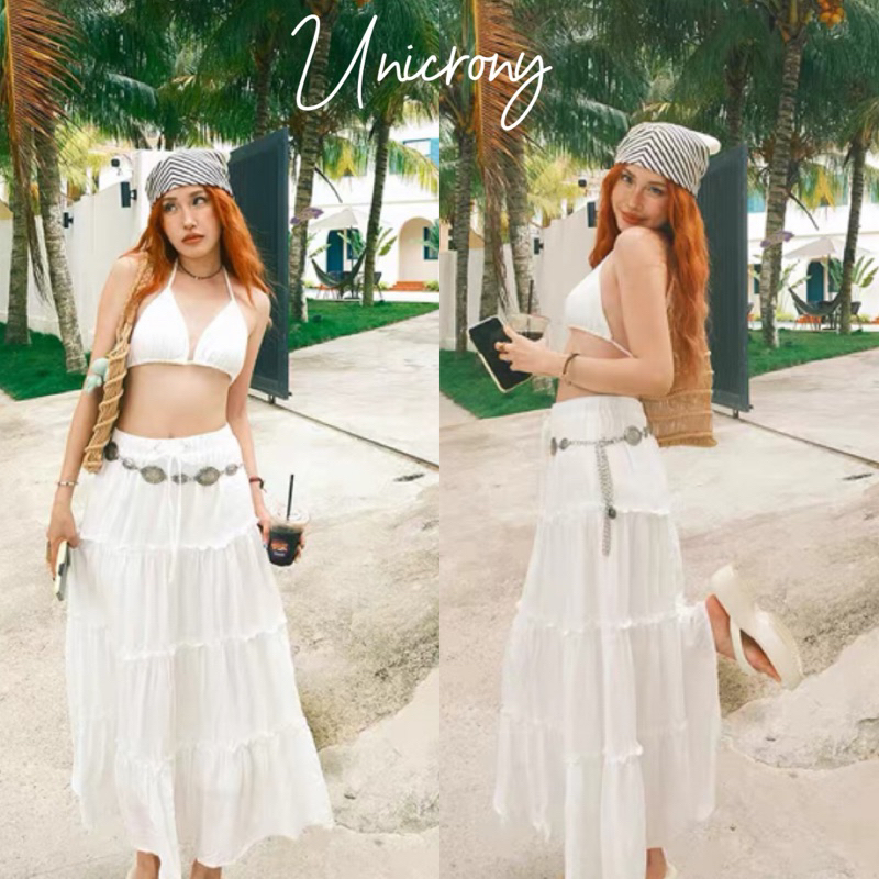 Unicrony กระโปรงสีพื้น มีสายที่เอว มีซับใน ใส่สบาย Bohemians skirt
