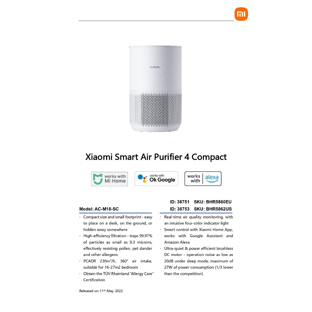 Xiaomi Smart Air Purifier 4 Compact / Lite / Pro เครื่องฟอกอากาศ กรองฝุ่น PM 2.5. (รับประกันศูนย์ไทย 1 ปี)