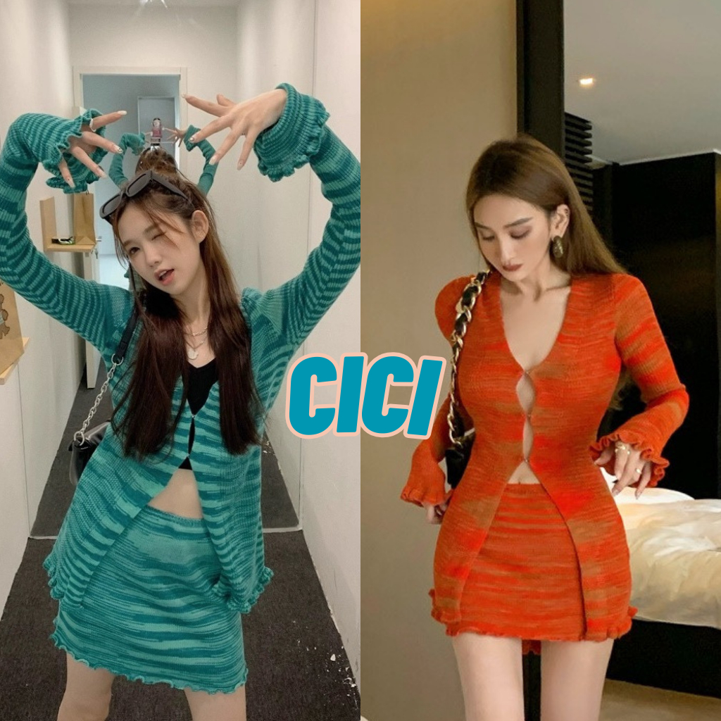 ส่งทันที Cici(NO. A1877)SET2ชิ้น เสื้อเเขนยาว+กระโปรงสั้น ผ้าไหมพรม ดีเทลเสื้อด้านหน้าเป็นตะขอใส่สบาย