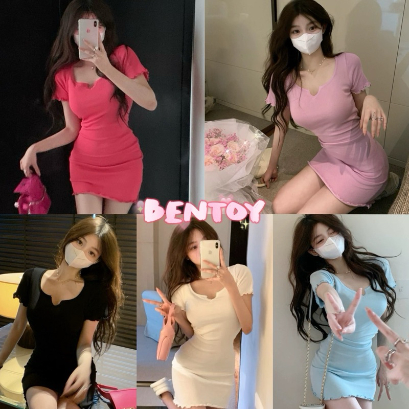 bentoy(27865)เดรสไหมพรมแขนสั้น คอยูหน้าวี เดสรสั้นรัดรูป เซ็กซี่เบาๆ