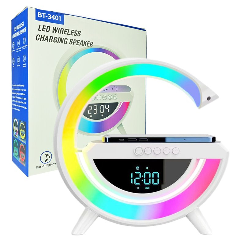 ลำโพงบลูทูธ 3 in1 รุ่น BT 3401 มาพร้อมกับ แท่นชาร์จไร้สายในตัว 10W และมี Led Lamp กับนาฬิกาด้วย พร้อ