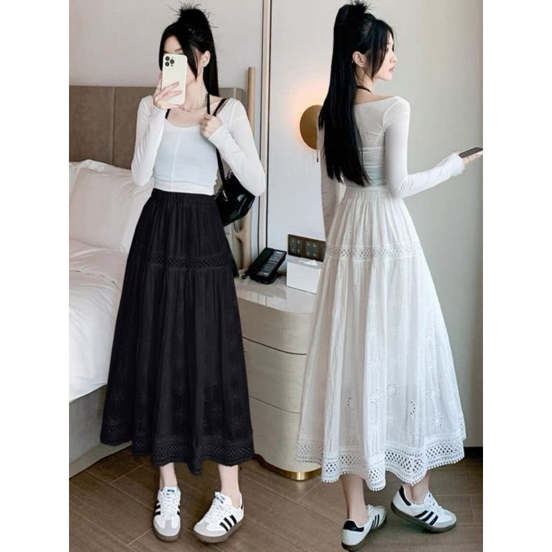 [พร้อมส่ง] กระโปรงยาว กระโปรงลูกไม้ลายฉลุ กระโปรงลายฉลุ ดำ ขาว ครีม (มีซับในค่ะ)