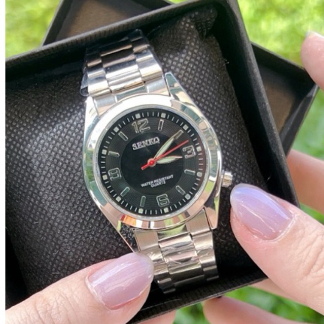 นาฬิกาข้อมือผู้ชายและผู้หญิง Senkq หน้าปัดตัวเลขสลับขีด สายสแตนเลส
