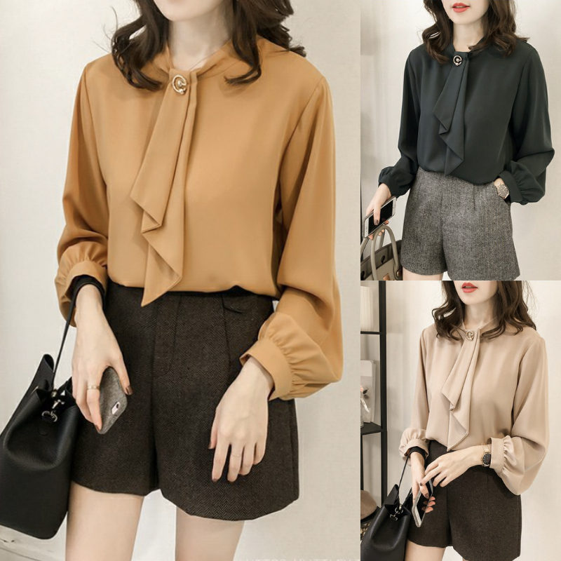 (8811) เสื้อเชิ้ตผู้หญิง เสื้อออฟฟิศ ใส่ทำงาน ผ้าชีฟอง แขนยาว แฟชั่นใหม่ มีเนคไทในตัว ดีไซน์แบบเกาหลี