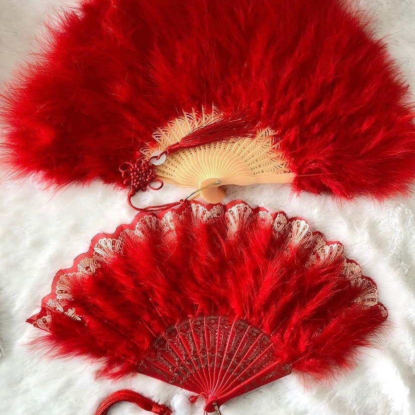 *สินค้าส่งจากไทย! พัดขนนก พัดตรุษจีน ขนนก พัดขนนกสีแดง สีแดง