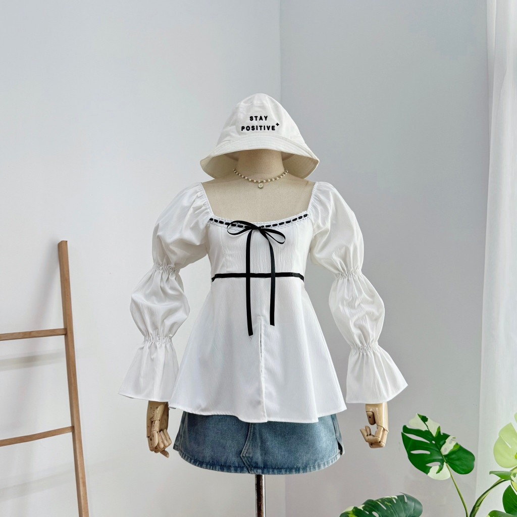 เสื้อแขนปล้อง ริบบิ้น ผ้าครัช #FF44