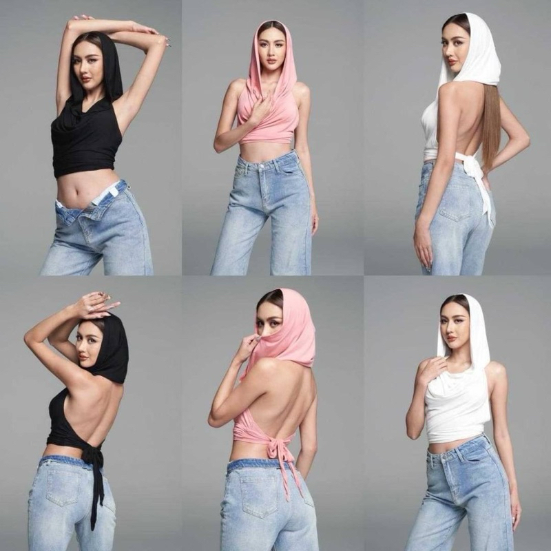 Atipashop - DEWVY HOOD CROP เสื้อครอป มีฮุ้ดดี้ เว้าหลัง ผูกเอวหลัง