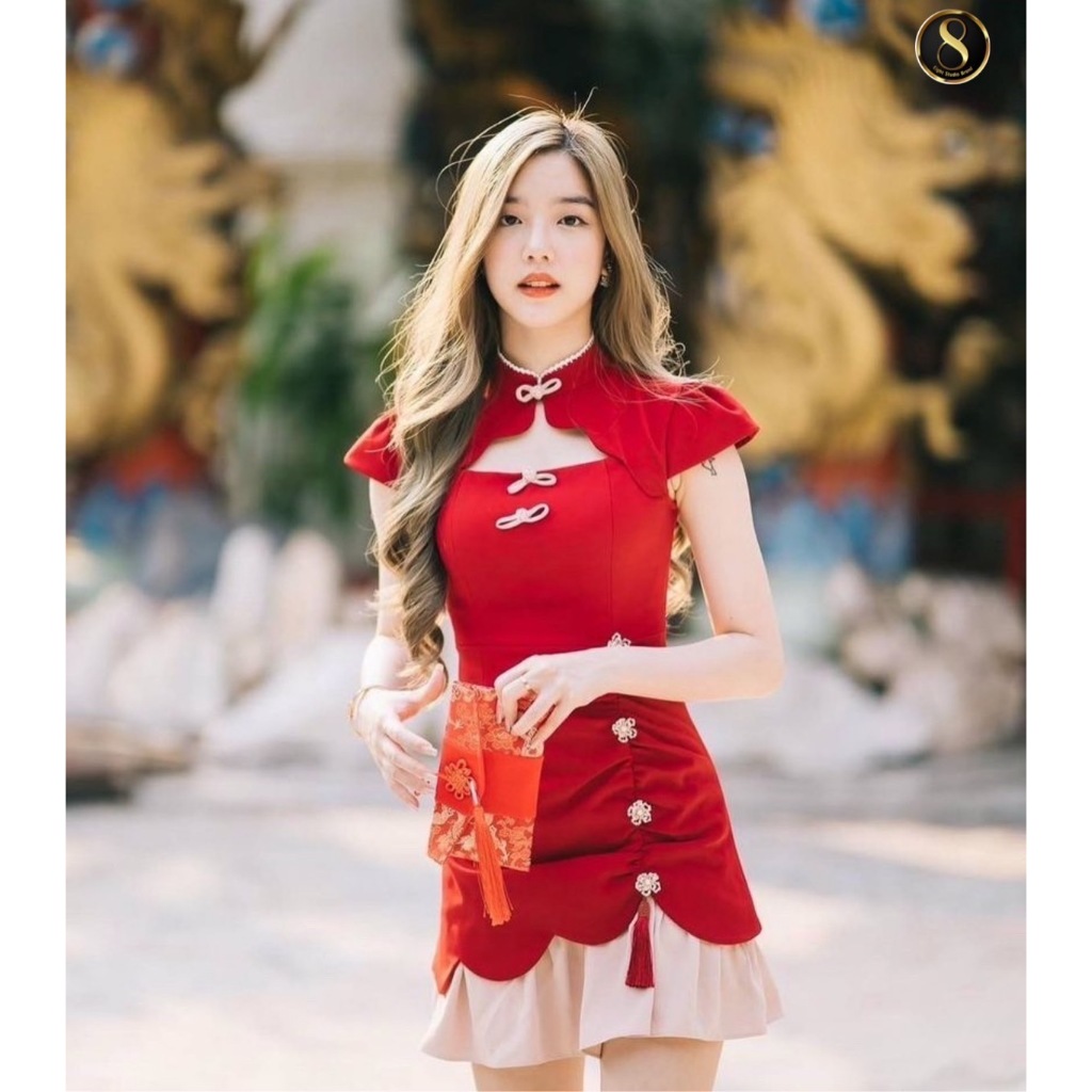 8 Studio Brand เสื้อผ้าแบรนด์แท้การันตี มินิเดรสสีแดงชายระบายชมพู ตรุษจีนต้องมี งานตามหา