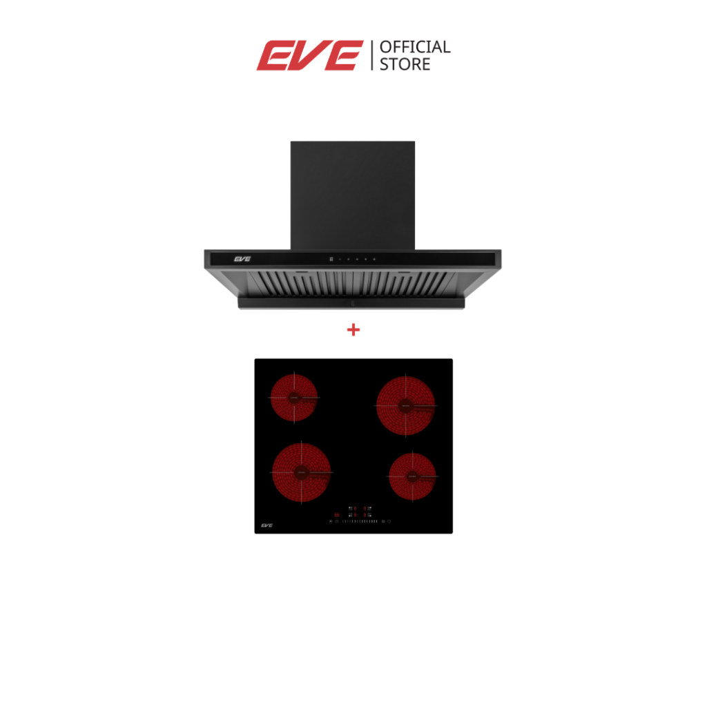 EVE SET เตาไฟฟ้าเซรามิก 4 หัวเตาแบบฝัง พร้อมเครื่องดูดควันติดผนัง HC-MAXIMUS-90 + HB60-4CEM/SC
