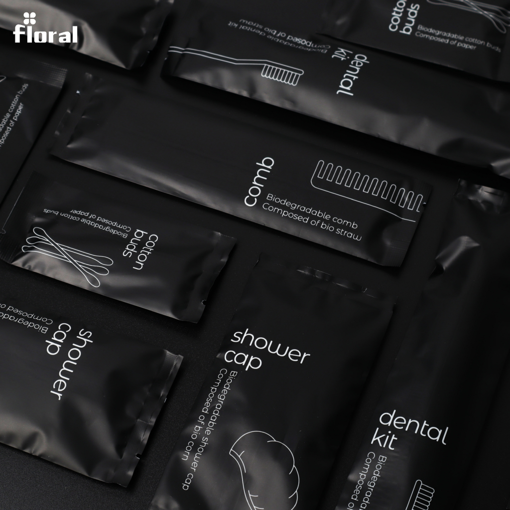 Amenities Black Collection ชุดของใช้ในโรงเเรม ชุดอเมนิตี้ซองกันน้ำ ดีไซน์ทันสมัย สำหรับโรงแรม ที่พัก