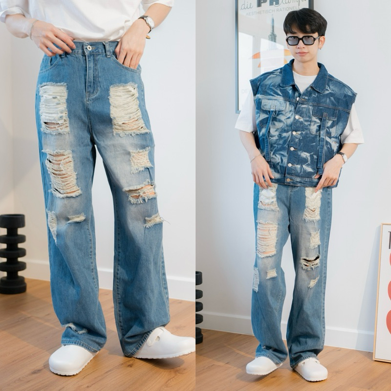 BAM JEANS กางเกงยีนส์เอวสูงทรงกระบอกกลาง