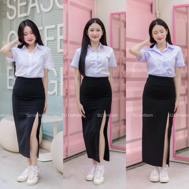 กระโปรงนักศึกษาทรงเอ มียาว32-34-36นิ้ว ผ่าหน้า-ผ่าหลัง ทรงเอยาว ผ้ายืดฮานาโกะสีดำ