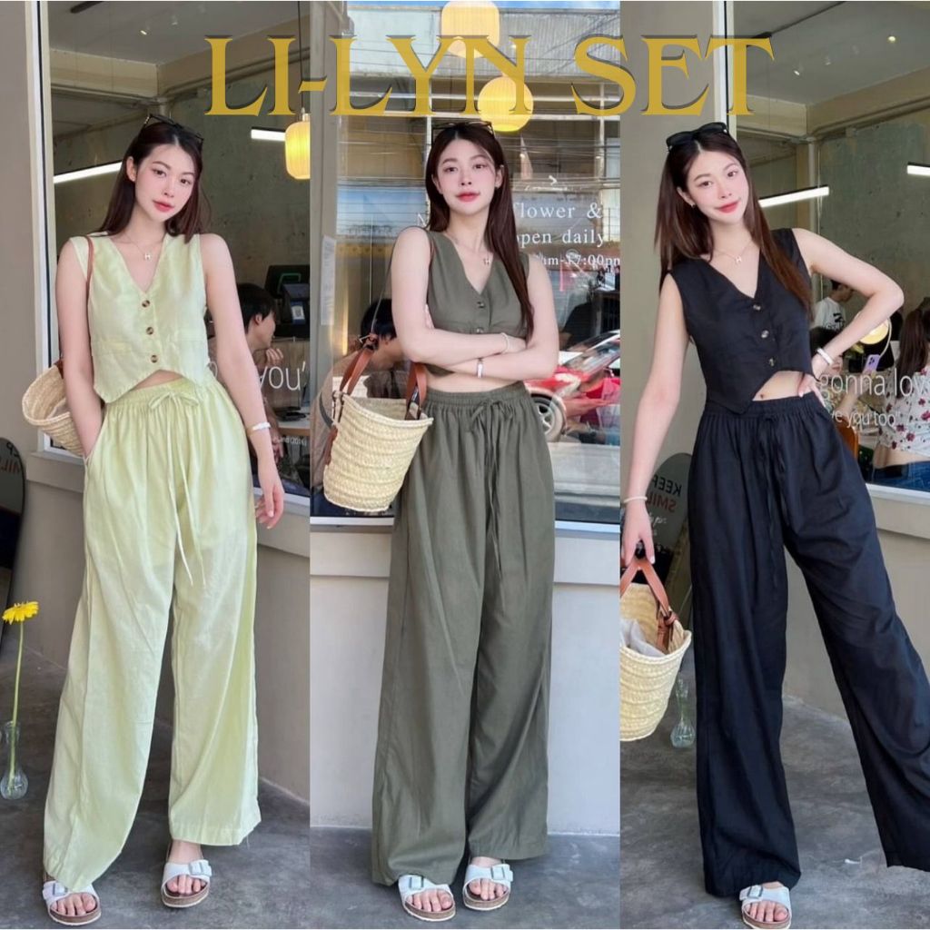 LI-LYN SET ชุดเซ็ท 2 ชิ้นขายาวสีขาว เซ็ทขายาวเสื้อแขนกุดไปทะเล ผ้าลินิน สาวอวบ ป้าย Sheeny.