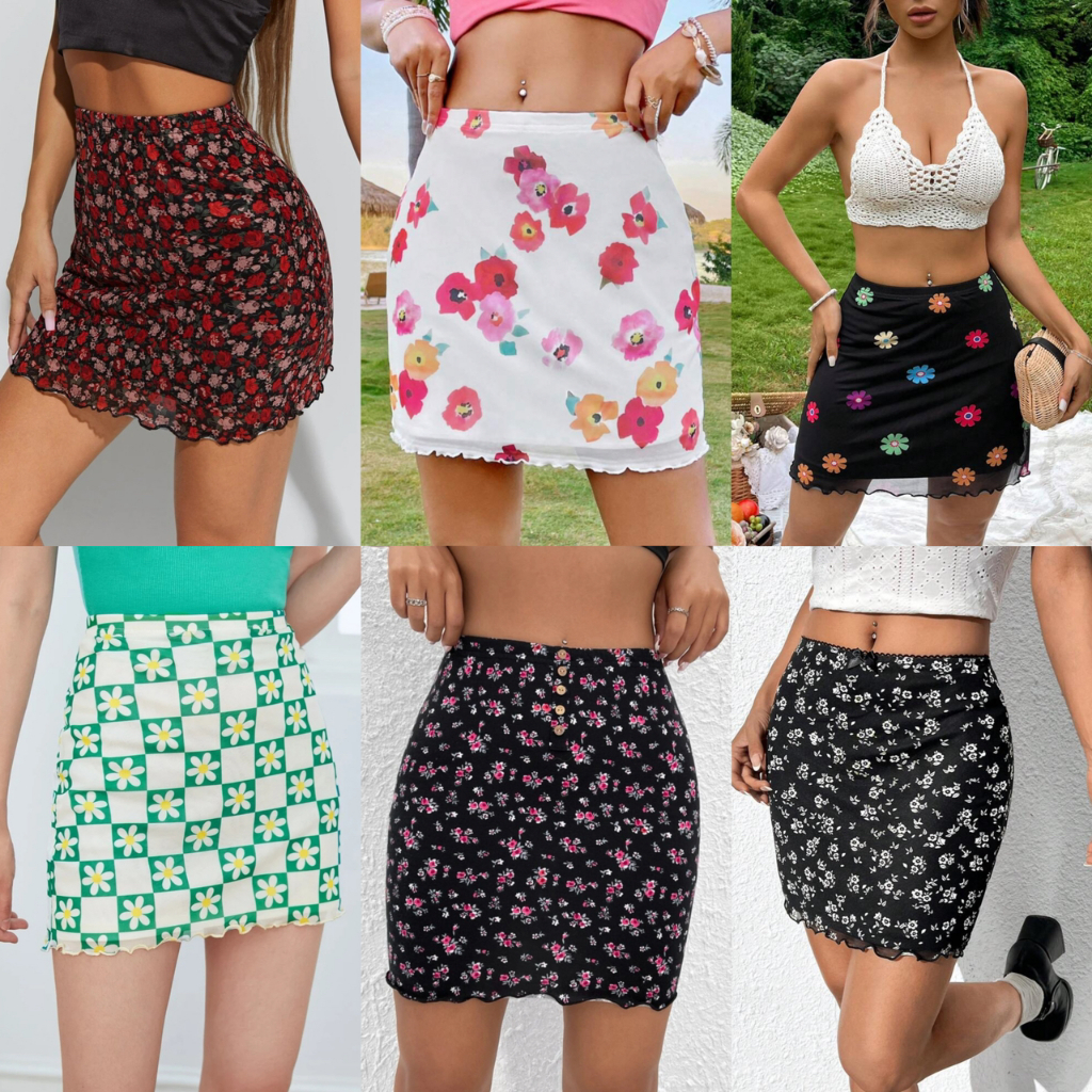 พร้อมส่ง กระโปรงรัดรูปลายดอกไม้ ผ้าตาข่ายขอบหยัก ผ้ายืด