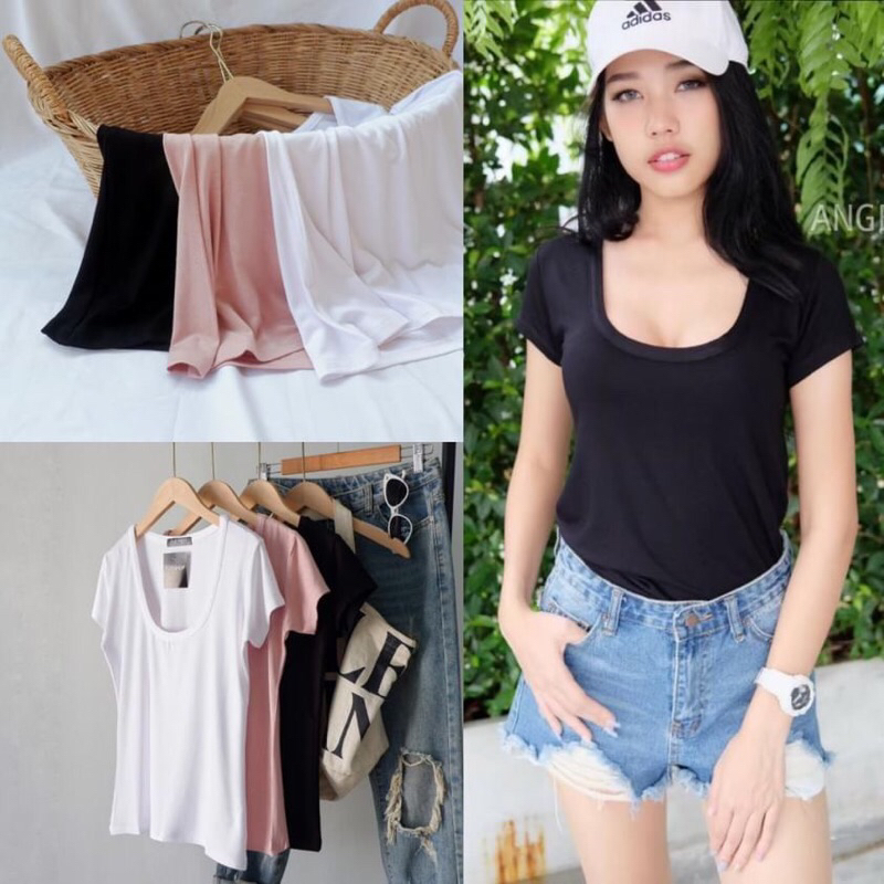 เสื้อยืดคอยูแขนสั้น​ ทรงเข้ารูป​ ผ้าเรย่อนเนื้อนิ่มเด้ง
