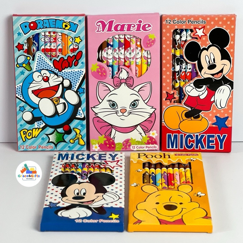 ดินสอสีไม้ 12 สี ลิขสิทธิ์แท้ ลาย Doraemon, Marie, Mickey Mouse, & Winnie the Pooh