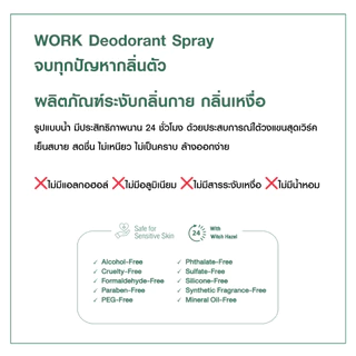 WORK Deodorant Spray 1ขวด : ไม่มีอลูมิเนียม ไม่มีแอลกอฮอล์ ระงับกลิ่นกาย กลิ่นตัว กลิ่นเหงื่อ กลิ่นเต่า ไม่มีคราบ