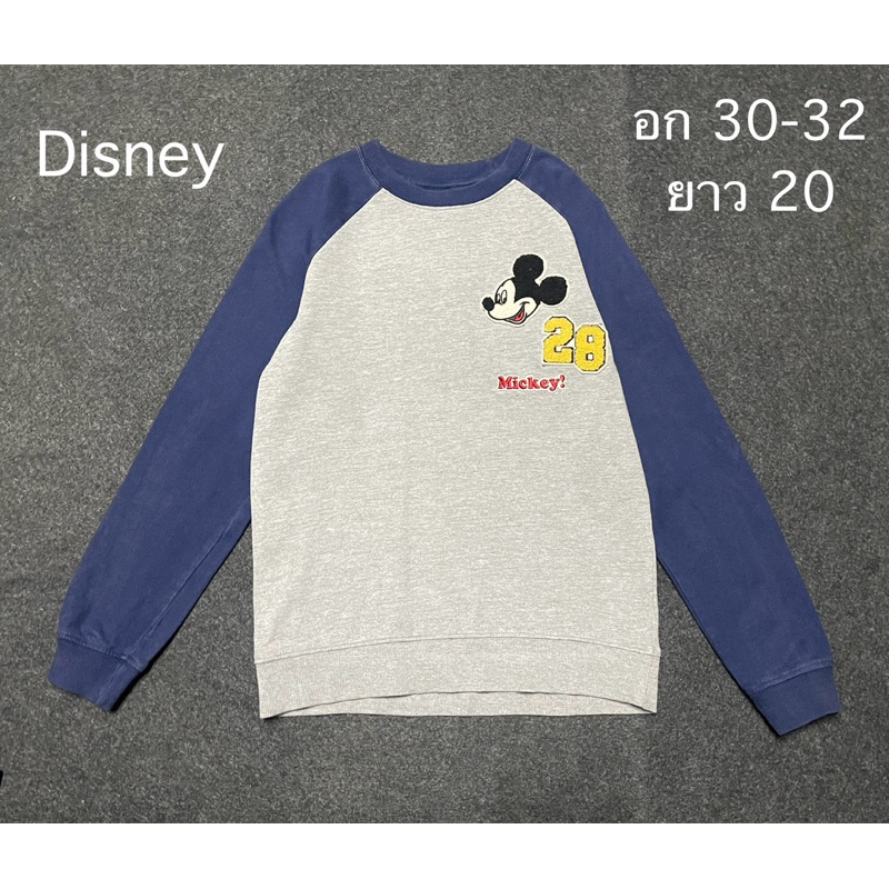 Disney ดิสนีย์ เสื้อสเวตเตอร์แขนยาว สีเทา แขนสีน้ำเงิน ปักโลโก้ Mickey มือสองของแท้สภาพดีมาก