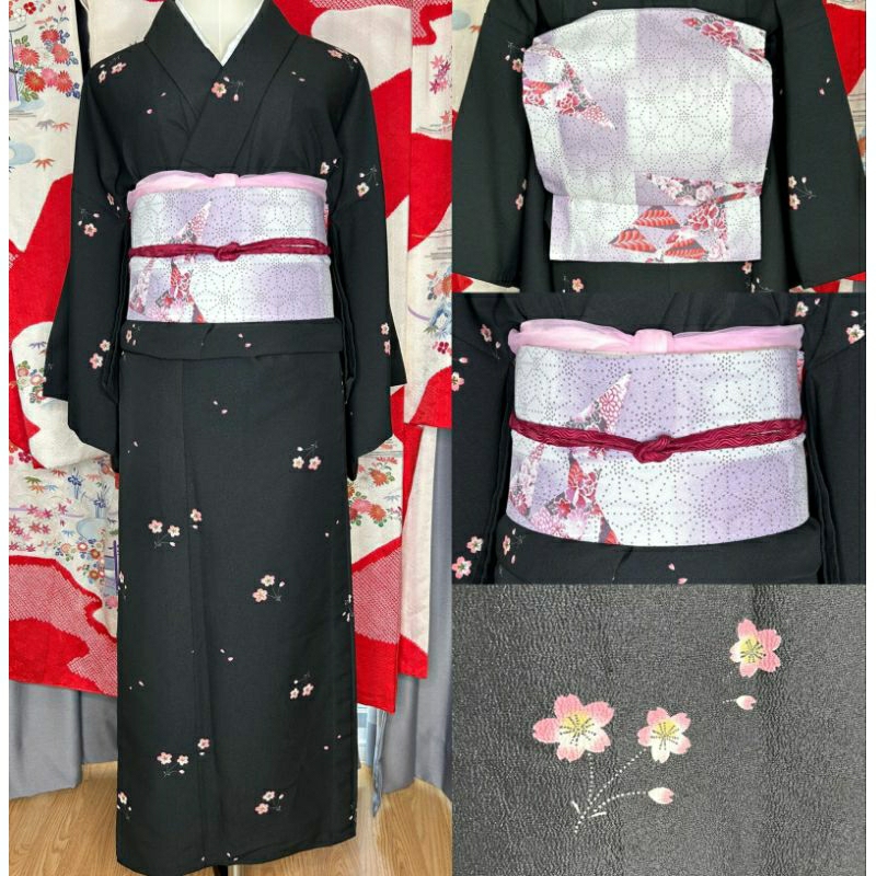 พร้อมส่ง set Kimono กิโมโน สีดำลายซากุระ มือสองของแท้จากญี่ปุ่น