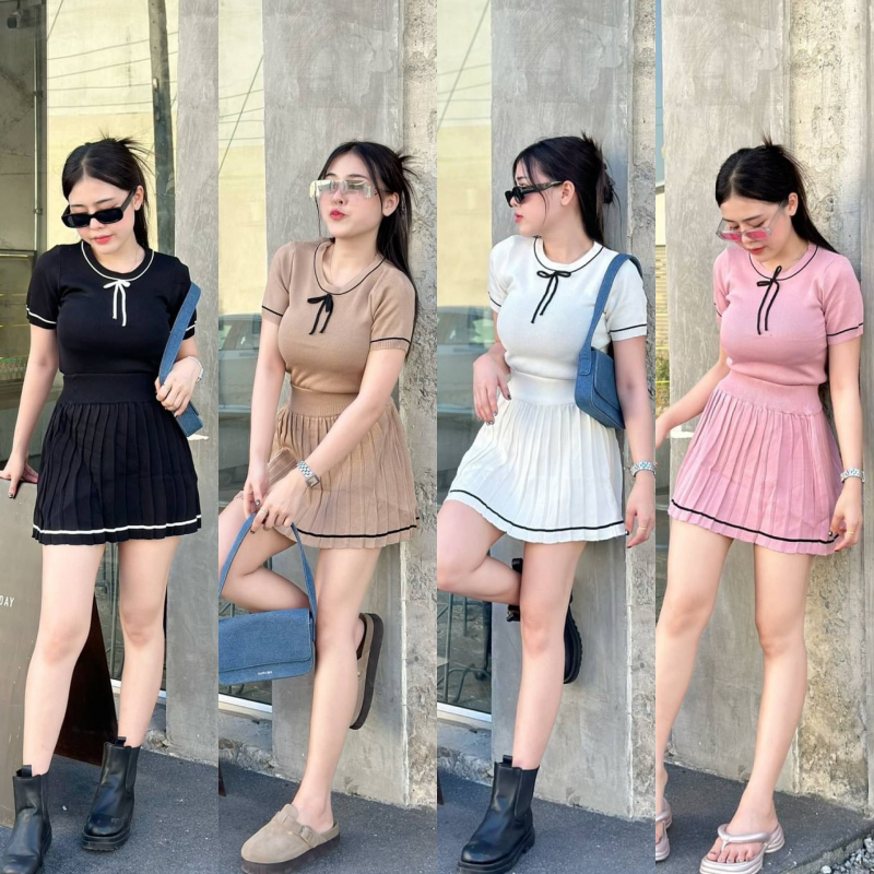 SpinnyHouse เซ็ต2ชิ้น หรูดูแพง เสื้อแขนสั้นแต่งโบว์ + กระโปรงจีบรอบ สาวอวบใส่ได้ ผ้าไหมพรมร่องยืดเยอะสุด รุ่น ตบชบา