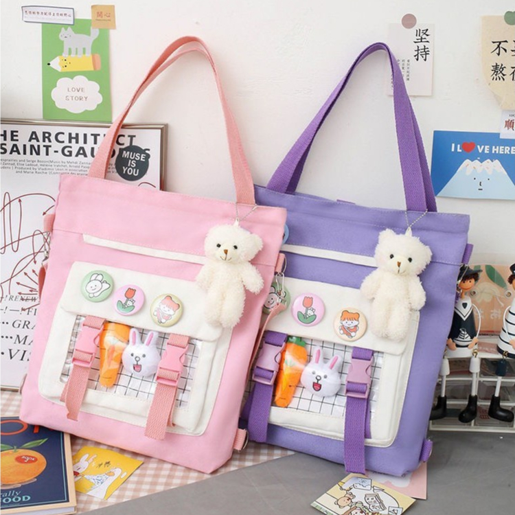 GUCSELECTED(B1738) กระเป๋าผ้าสะพายข้างสะพายเป้ได้ **แถมเข็มกลัด6ชิ้น**