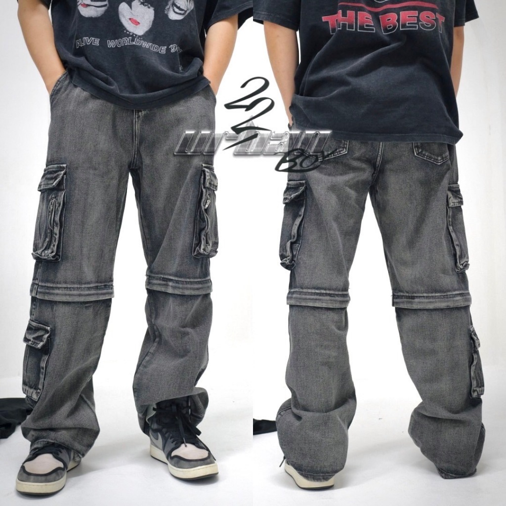 KR946 "DoppelgangerJeans"กางเกงยีนส์คาร์โก้3กระเป๋าดีเทลแยกสองชิ้นตรงขาโครตหล่อเท่ห์สามารถใส่เป็นขาสั้นและขายาวได้