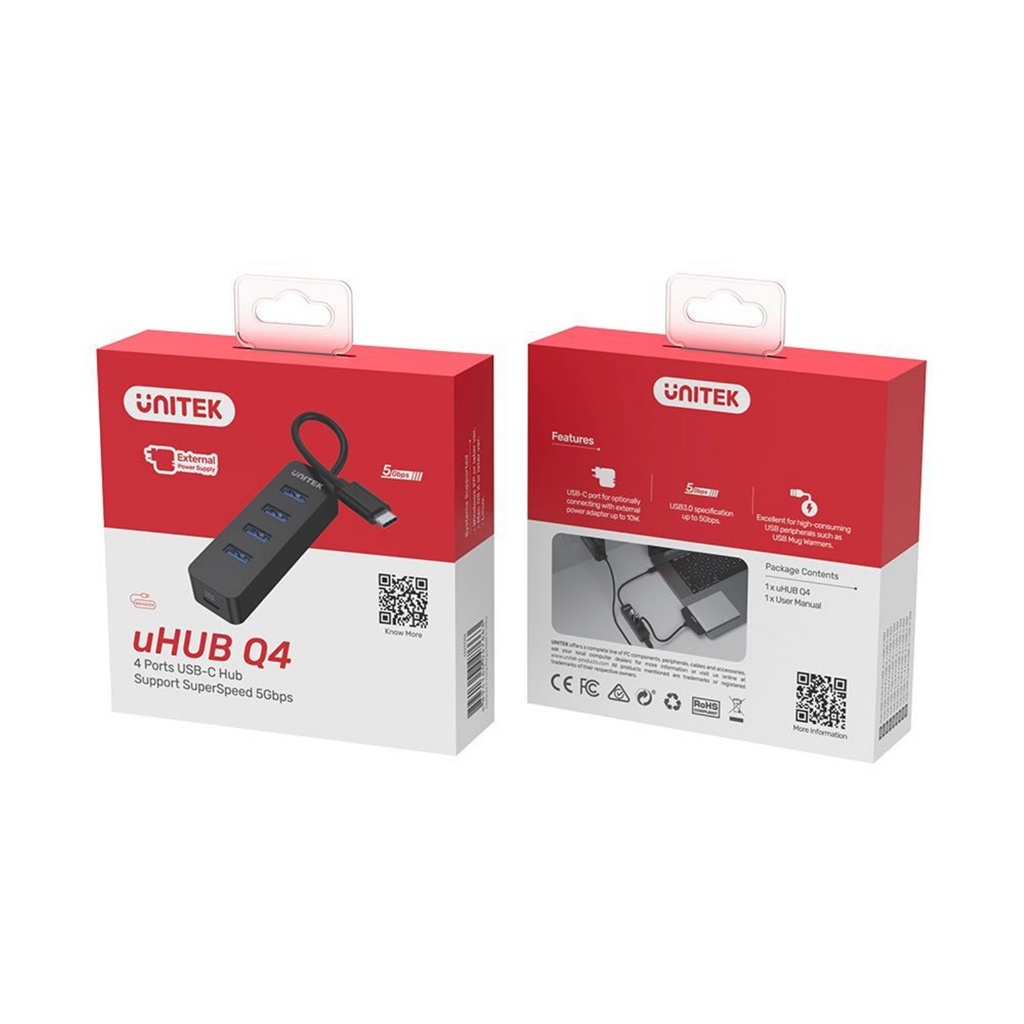 USB HUB พอร์ตฮับ UNITEK H1117B UHUB Q4 4 Ports Powered USB-C Hub with USB-C Power Port