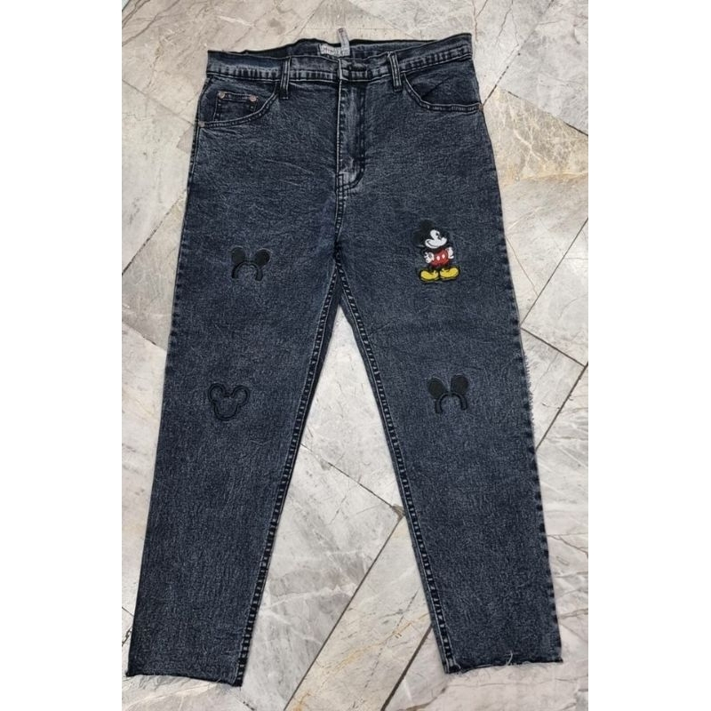 MD jeans กางเกงยีนส์ผ้ายืด งานปักมิกกี้ ปลายขาตัด เอว 34-44 ขา8ส่วน สาวอวบอ้วน