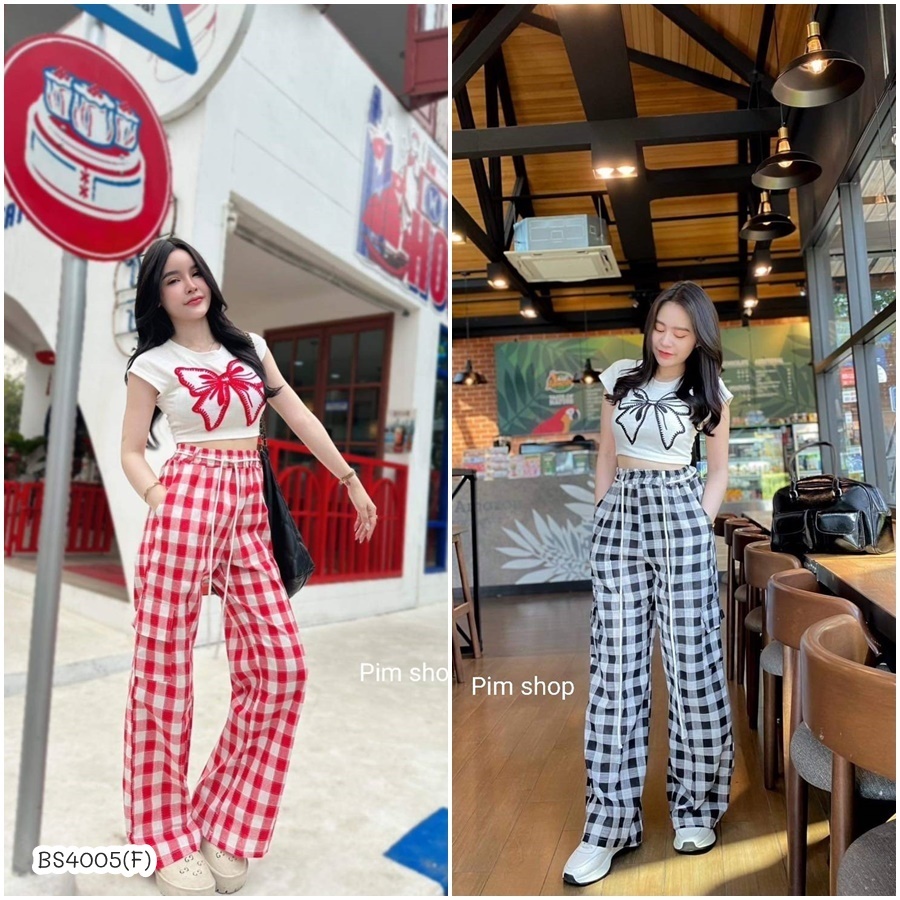 BS4005 เซตกางเกงขายาวสก้อต เสื้อครอปแต่งน้องโบว์สุดชิค มาพร้อมกางเกงขายาวเอวสูง ทรงคาร์โก้ น่ารัก