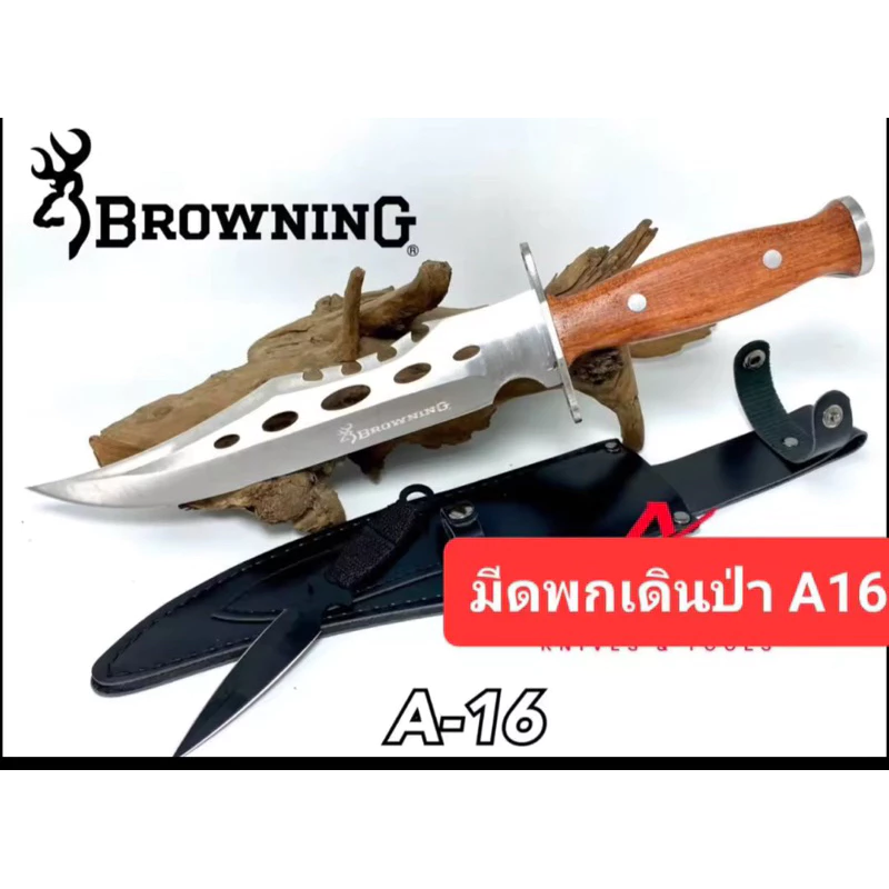 มีดเดินป่า BROWNING A-16 35 ซม. ด้ามไม้ใบสแตนเลสพร้อมซองหนัง thumbnail 3