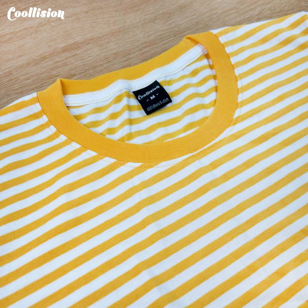 #Coollision-0.5cm-gold เสื้อยืดแขนสั้นลายทางสีเหลืองสลับสีขาวเส้นเล็ก เสื้อลายทาง unisex งานดี ไม่ย้วย สีไม่ตก