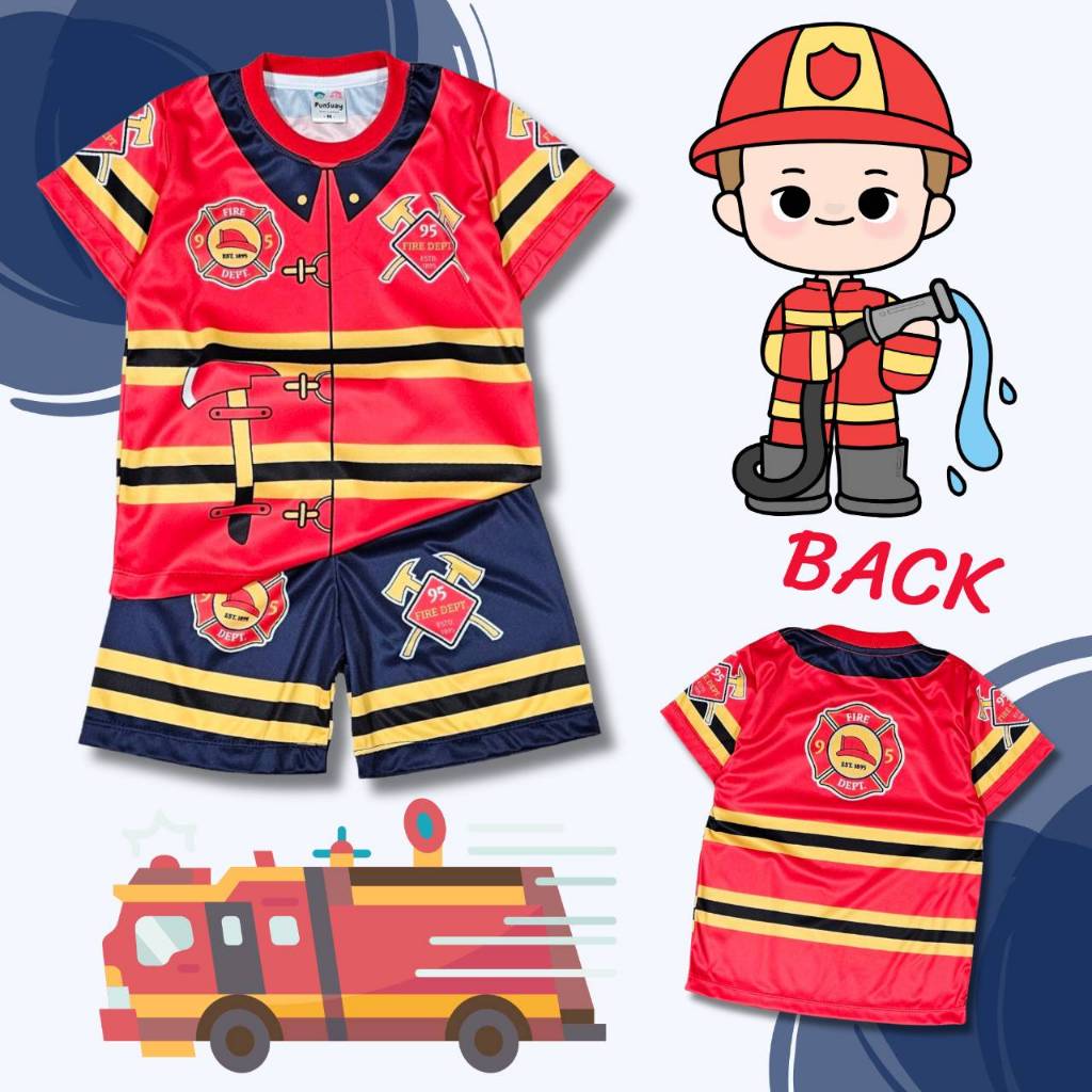 FI0852 ชุดเด็ก ชุดอาชีพเด็ก เสื้อแขนสั้น+กางเกงขาสั้น ผ้าไมโครเกรดA ลายชุดนักดับเพลิง เสื้อผ้าเด็ก ชุดเด็กแฟชั่น