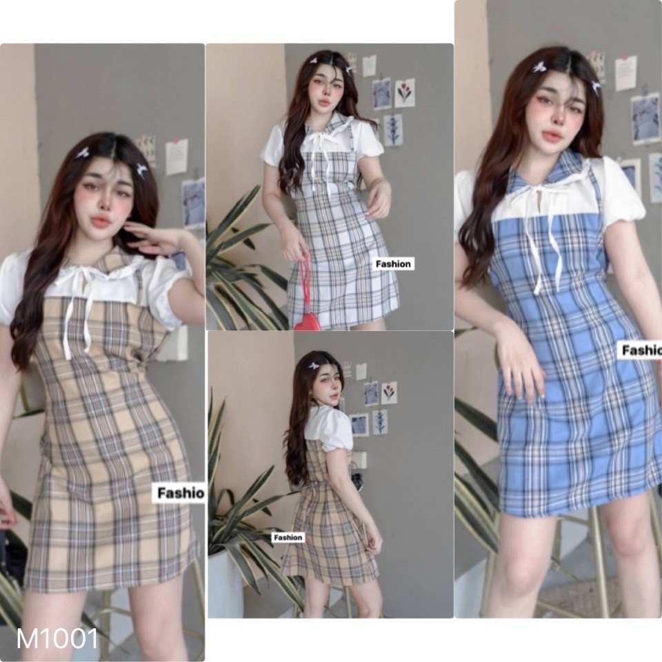 เดรส M1001 ผ้าลายก๊อต คอปก ผูกโบว์หน้า งานต่อกันเหมือนใส่เอี๊ยม มีเชือกผูกเอว ยาว 32,อก 38,เอว 38,สพ 42“