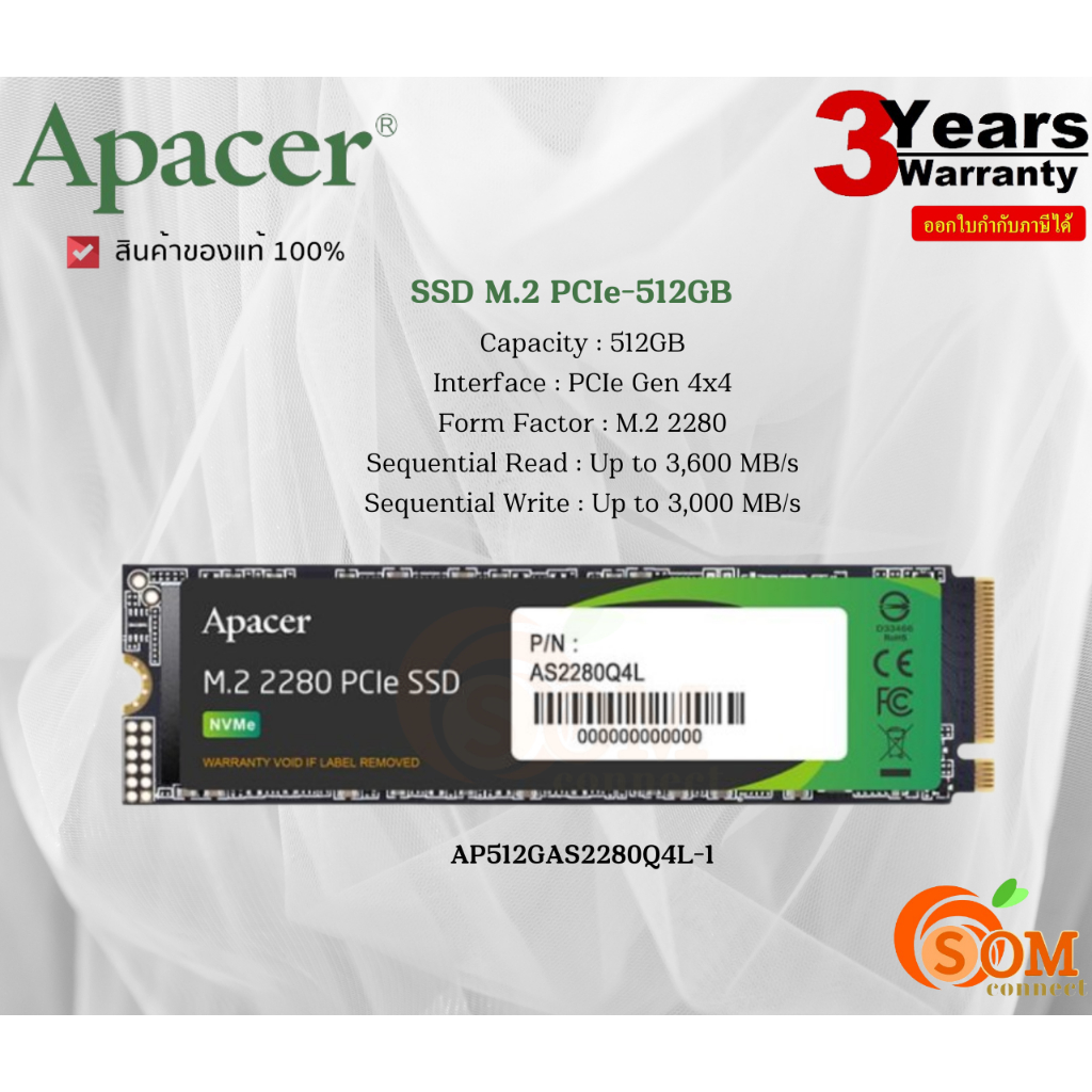 Apacer (512GB SSD) M.2 PCIe AS2280Q4L-1 (ZC.A01ST.0BC)(AP512GAS2280Q4L-1)Read:Up to 3,600 B/s Write 