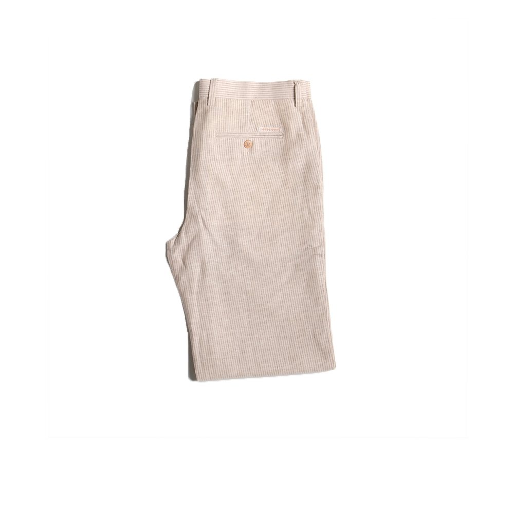 Hazard กางเกงทำงานขายาวลายทางไม่มีจีบ ผ้า Linen(ลินิน) สีเบท