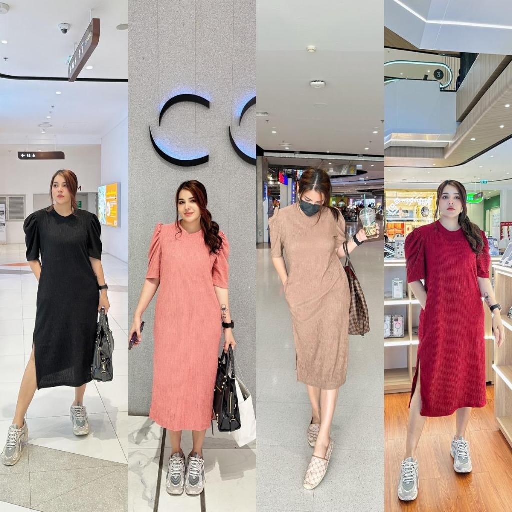 Dress11 เดรสยาว ไหล่ยก ผ้าเยื่อไผ่ผ่าข้างหน้า สาวอวบ เดรสสาวอวบ แม่ฟอง