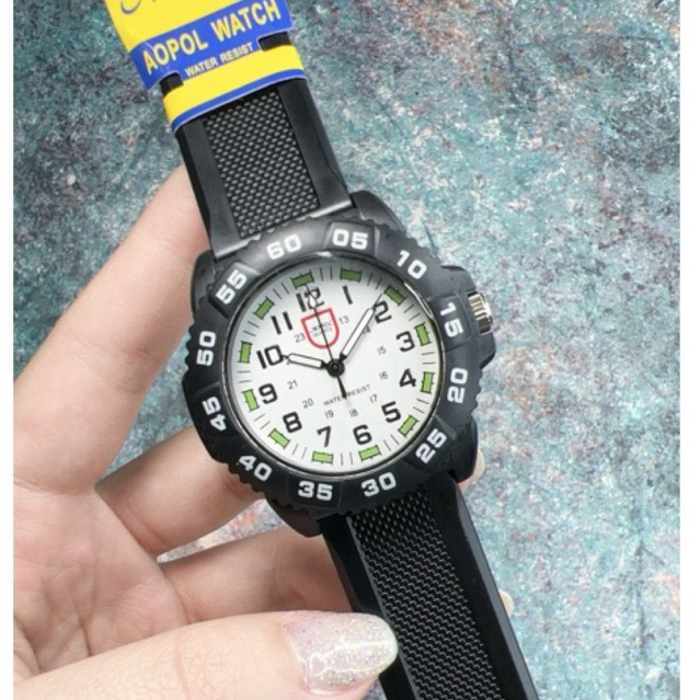 นาฬิกาผู้ชาย ยี่ห้อ Aopol watch นาฬิกากันน้ำ ทรงสปอต สายยาง เข็มมีพรายน้ำ