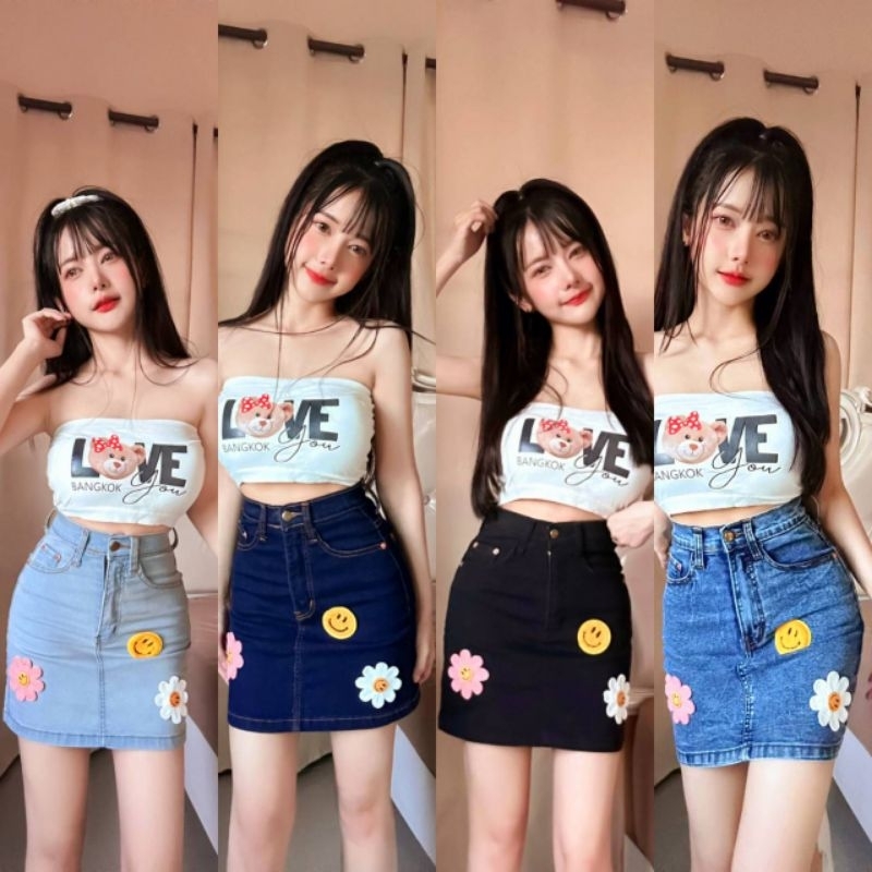 DADA jeans กระโปรงงานแต่ง ดอกไม้ยิ้ม ตะวันยิ้ม พร้อมแจก ความสดใส ยีนส์ยืด ทรงA เก็บเอว สะโพก ดีมาก