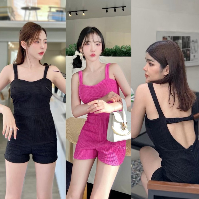 Teera พร้อมส่ง จั๊มสูทขาสั้น ผ้าเปลือกไม้ ดีเทลดึงยางหลัง ทรงเข้ารูปพอดีตัว