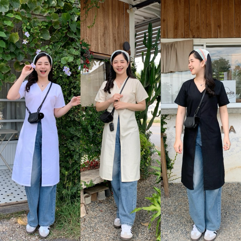 Tonfon เดรสแขนสั้นคอวีผ่าหน้าผ้าฝ้าย สาวอวบใส่ได้