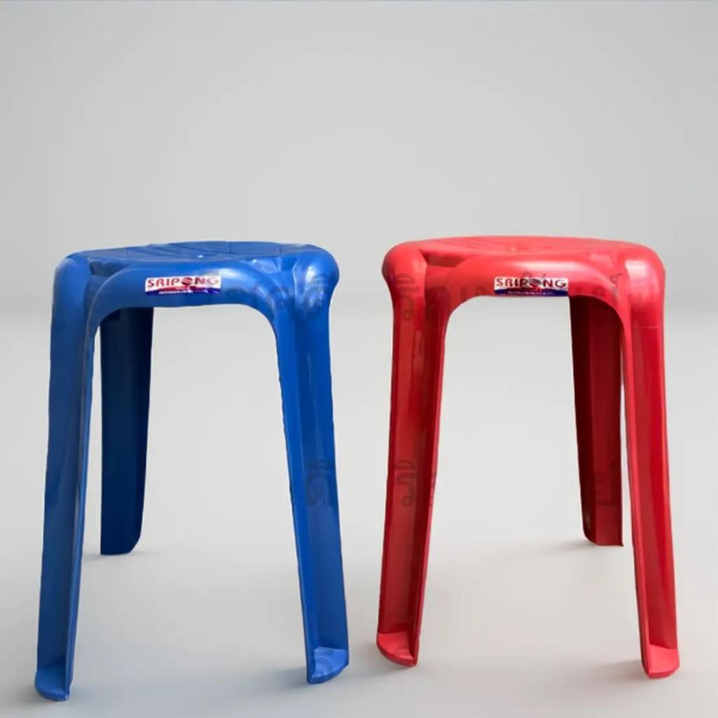 เก้าอี้ ทรงกลม หัวโล้น มียางกันลื่น พลาสติกเกรด B หนา มีสีน้ำเงินและแดง รับน้ำหนักได้มากถึง100KG