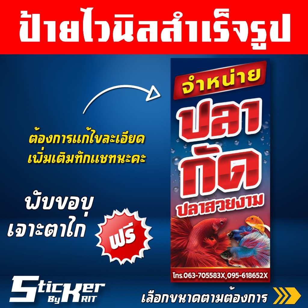 ป้ายไวนิล จำหน่าย/ขายปลากัด ขายปลาสวยงาม ปลาหางนกยูง(สามารถแก้ไขเพิ่มเติมทักแชทนะคะ)