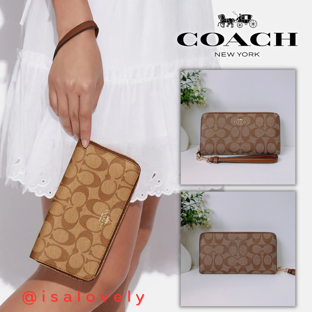 📌Isa Lovely Shop📌  COACH C4452 LONG ZIP AROUND WALLET IN SIGNATURE CANVAS COLOR: Khaki Redwood