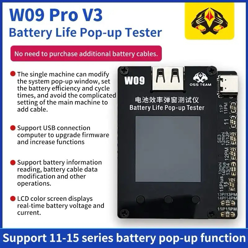 OSS Team W09PRO แบตเตอรี่ V3 Pro โปรแกรมเมอร์สำหรับ iP 11-15PM สุขภาพแบตเตอรี่เปลี่ยนเป็น100% pop-up