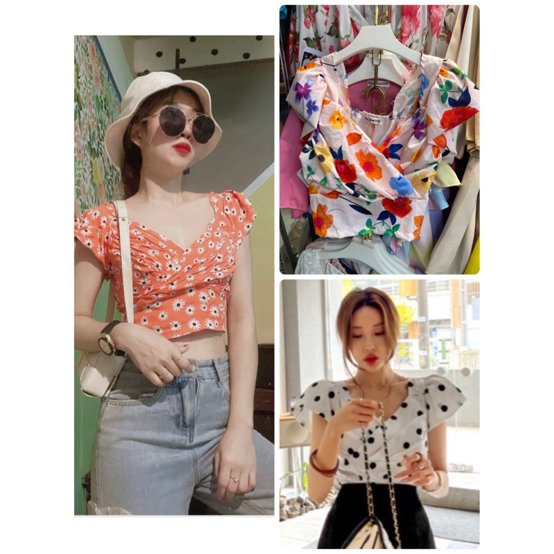 พร้อมส่ง crop top เสื้อคอบไขว้หน้า แขนระบาย ลายเยอะ ลายสวยทรงน่าร้ากกก