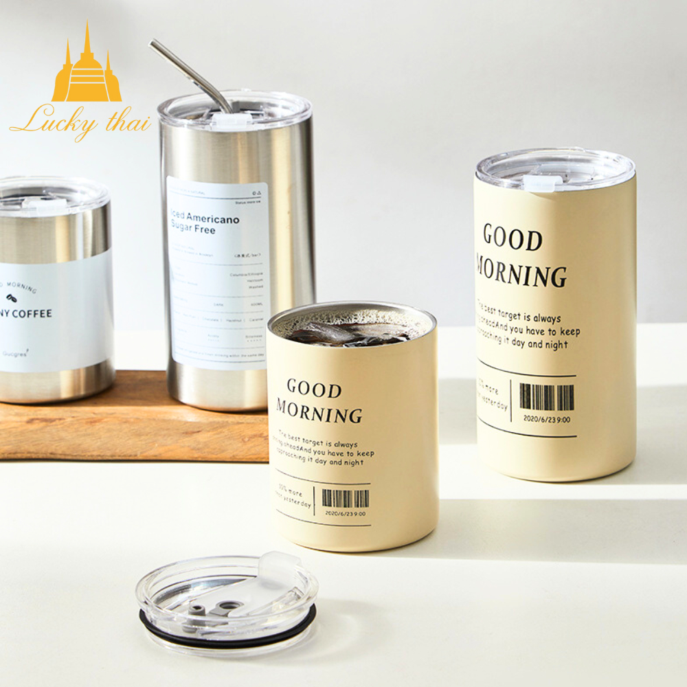 luckythai แก้วเก็บความเย็น แก้วน้ำสแตนเลส พร้อมหลอดดูด มี2ขนาด 320ml 600ml